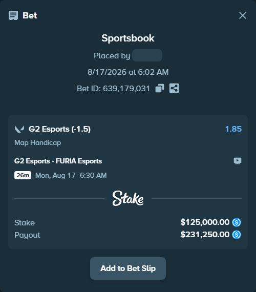 Bet slip: G2 Esports - FURIA Esports, $125,000.00 stake at 1.85 odds, placed by Cabrzy