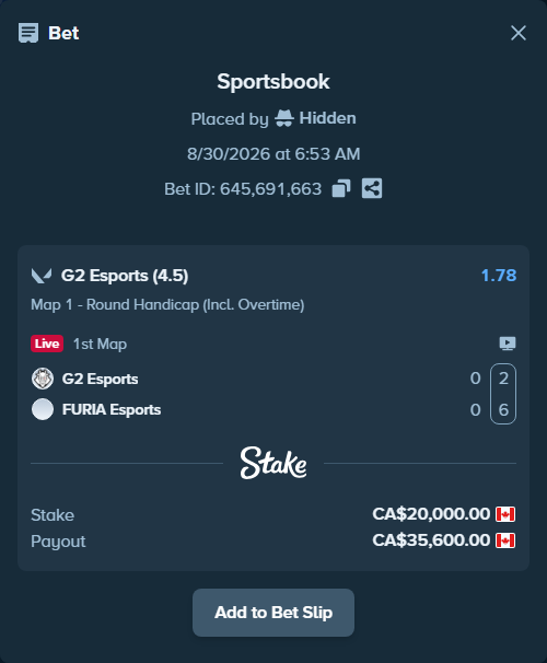 Bet slip: G2 Esports - FURIA Esports, $14,800.00 stake at 1.78 odds, placed by Hidden