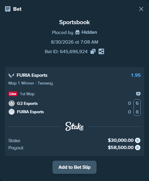 Bet slip: G2 Esports - FURIA Esports, $30,159.05 stake at 1.95 odds, placed by Hidden