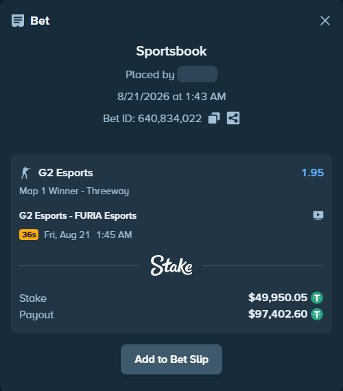 Bet slip: G2 Esports - FURIA Esports, $50,000.00 stake at 1.95 odds, placed by saszakoncza