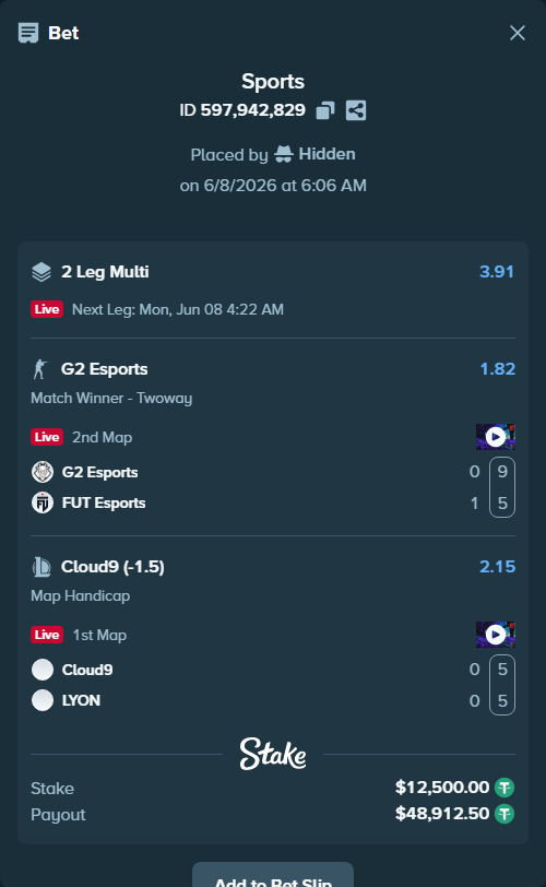 Bet slip: G2 Esports - FUT Esports, $12,500.00 stake at 1.82 odds, placed by Hidden