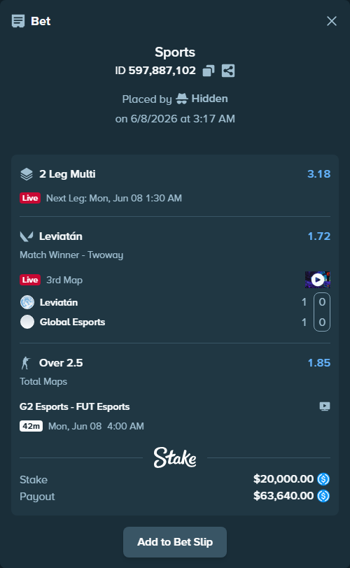 Bet slip: G2 Esports - FUT Esports, $20,000.00 stake at 1.85 odds, placed by Hidden