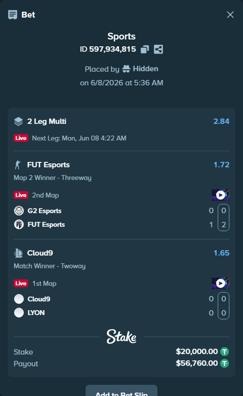 Bet slip: G2 Esports - FUT Esports, $20,000.00 stake at 1.72 odds, placed by Hidden