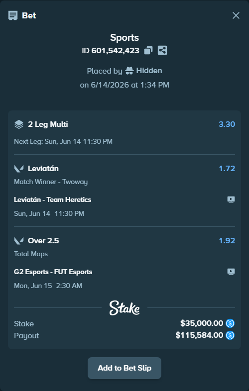 Bet slip: G2 Esports - FUT Esports, $35,000.00 stake at 1.92 odds, placed by Hidden