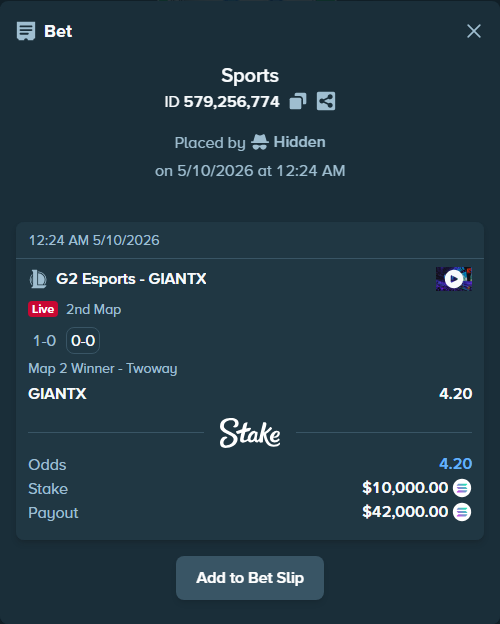 Bet slip: G2 Esports - GIANTX, $7,835.68 stake at 4.20 odds, placed by Hidden