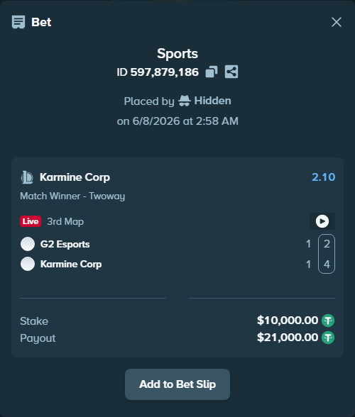 Bet slip: G2 Esports - Karmine Corp, $10,000.00 stake at 2.10 odds, placed by TheEarlinGrey