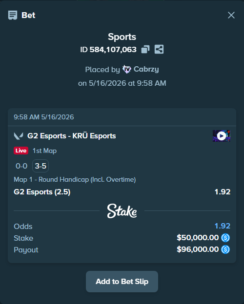 Bet slip: G2 Esports - KRÜ Esports, $50,000.00 stake at 1.92 odds, placed by Cabrzy