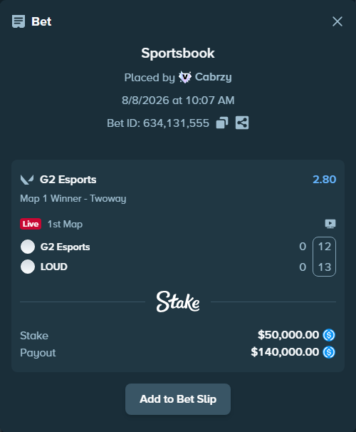 Bet slip: G2 Esports - LOUD, $50,000.00 stake at 2.80 odds, placed by Cabrzy