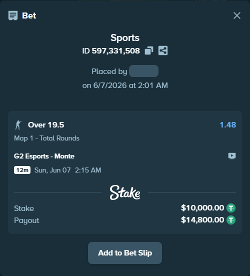 Bet slip: G2 Esports - Monte, $10,000.00 stake at 1.48 odds, placed by MatthewRe