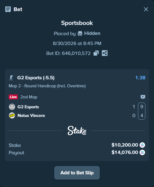 Bet slip: G2 Esports - Natus Vincere, $10,230.38 stake at 1.38 odds, placed by Hidden