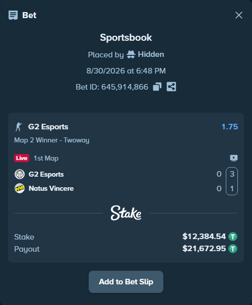 Bet slip: G2 Esports - Natus Vincere, $12,384.54 stake at 1.75 odds, placed by Hidden