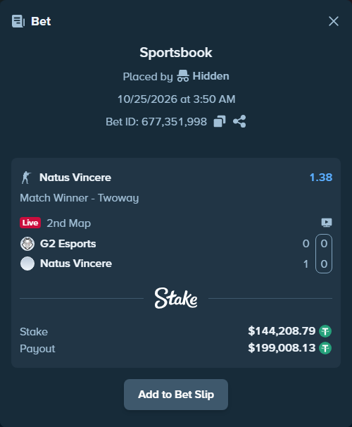 Bet slip: G2 Esports - Natus Vincere, $144,353.00 stake at 1.38 odds, placed by Mnt41