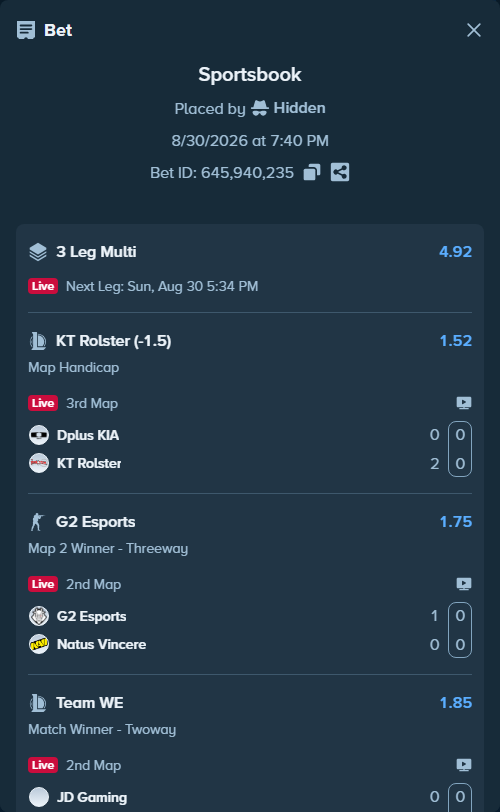 Bet slip: G2 Esports - Natus Vincere, $50,000.00 stake at 1.75 odds, placed by Hidden