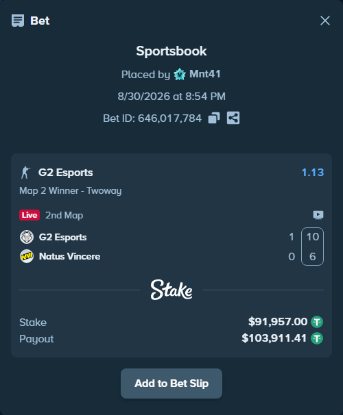Bet slip: G2 Esports - Natus Vincere, $91,957.00 stake at 1.13 odds, placed by Mnt41