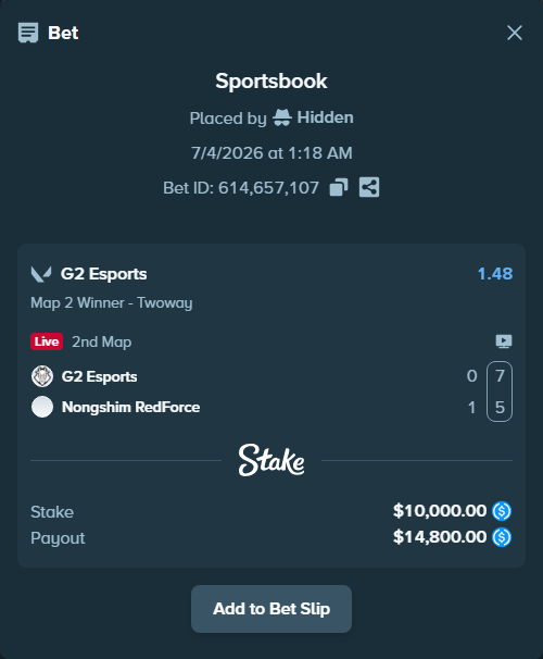 Bet slip: G2 Esports - Nongshim RedForce, $10,000.00 stake at 1.48 odds, placed by Hidden