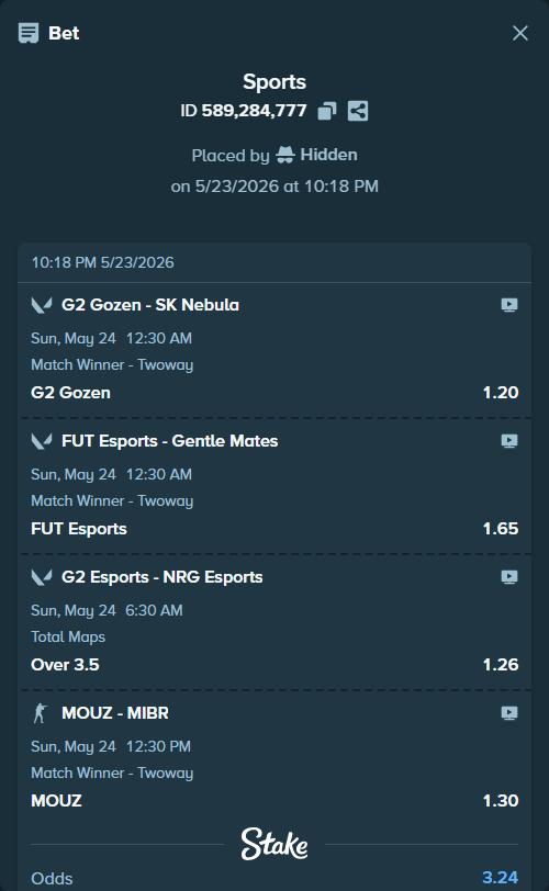 Bet slip: G2 Esports - NRG Esports, $10,000.00 stake at 1.26 odds, placed by Hidden