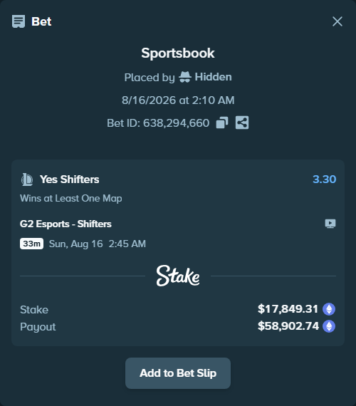 Bet slip: G2 Esports - Shifters, $17,824.35 stake at 3.30 odds, placed by Hidden