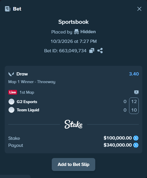 Bet slip: G2 Esports - Team Liquid, $100,000.00 stake at 3.40 odds, placed by Hidden