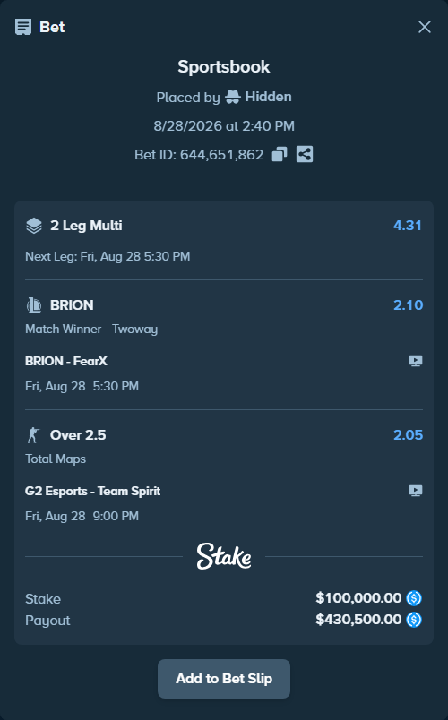 Bet slip: G2 Esports - Team Spirit, $100,000.00 stake at 2.05 odds, placed by Hidden