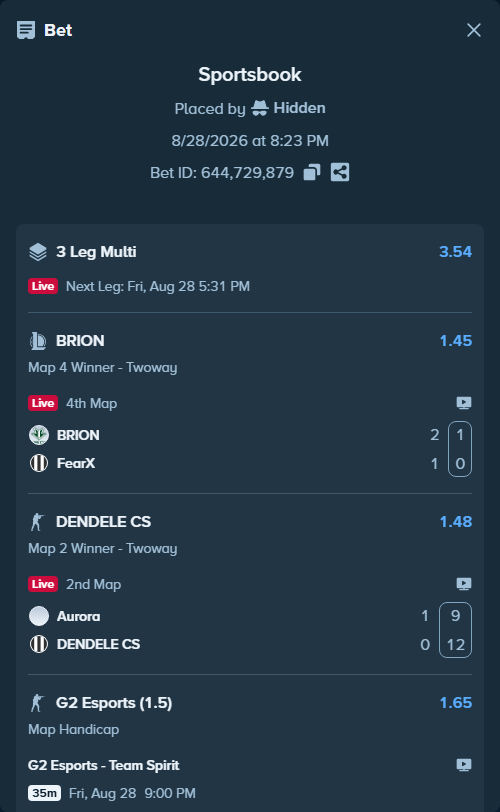 Bet slip: G2 Esports - Team Spirit, $100,000.00 stake at 1.65 odds, placed by Hidden