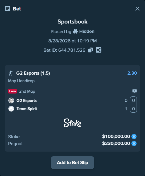 Bet slip: G2 Esports - Team Spirit, $100,000.00 stake at 2.30 odds, placed by Hidden
