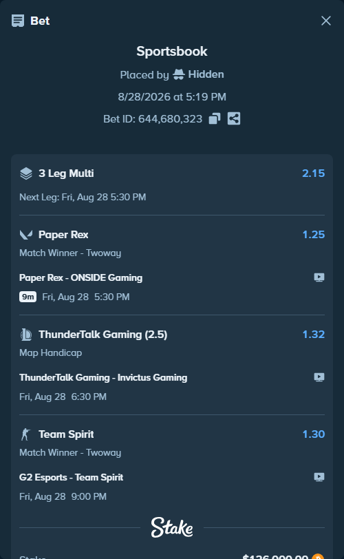 Bet slip: G2 Esports - Team Spirit, $125,664.34 stake at 1.30 odds, placed by Hidden