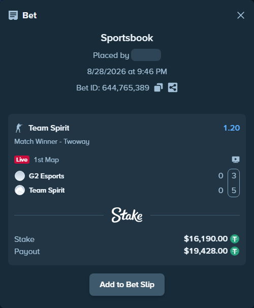 Bet slip: G2 Esports - Team Spirit, $16,190.00 stake at 1.20 odds, placed by antoniku