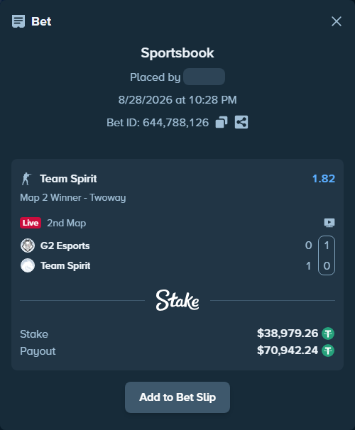 Bet slip: G2 Esports - Team Spirit, $38,979.26 stake at 1.82 odds, placed by Mnt41
