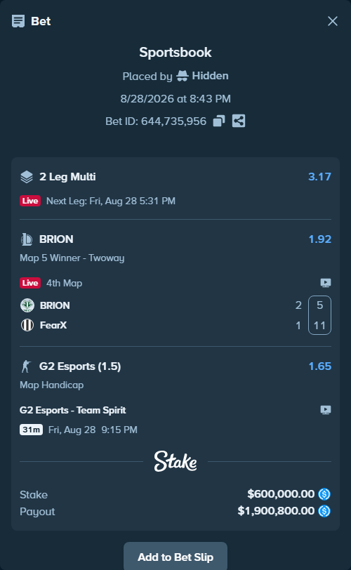 Bet slip: G2 Esports - Team Spirit, $600,000.00 stake at 1.65 odds, placed by Hidden