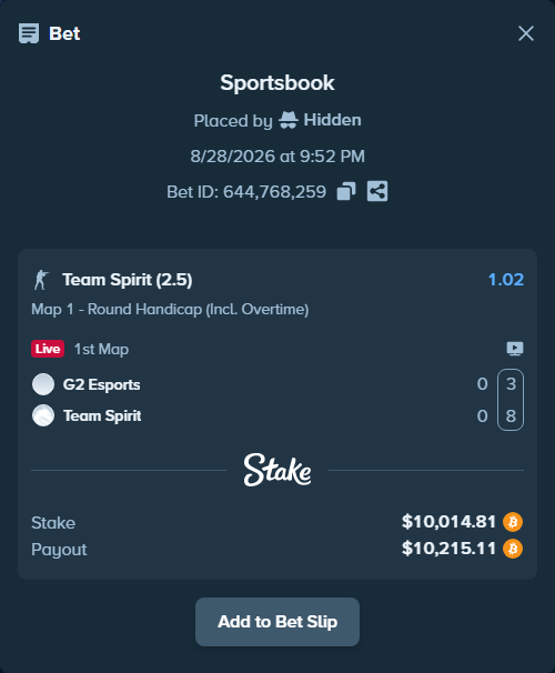 Bet slip: G2 Esports - Team Spirit, $9,974.46 stake at 1.02 odds, placed by Hidden