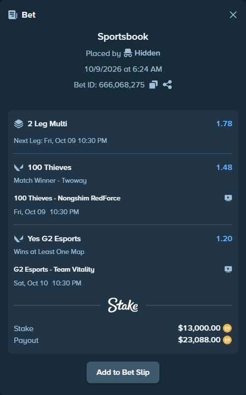 Bet slip: G2 Esports - Team Vitality, $13,000.00 stake at 1.20 odds, placed by Hidden