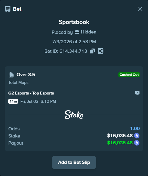 Bet slip: G2 Esports - Top Esports, $16,846.21 stake at 1.28 odds, placed by Hidden