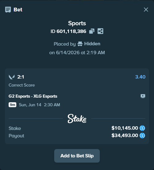 Bet slip: G2 Esports - XLG Esports, $10,145.00 stake at 3.40 odds, placed by Hidden