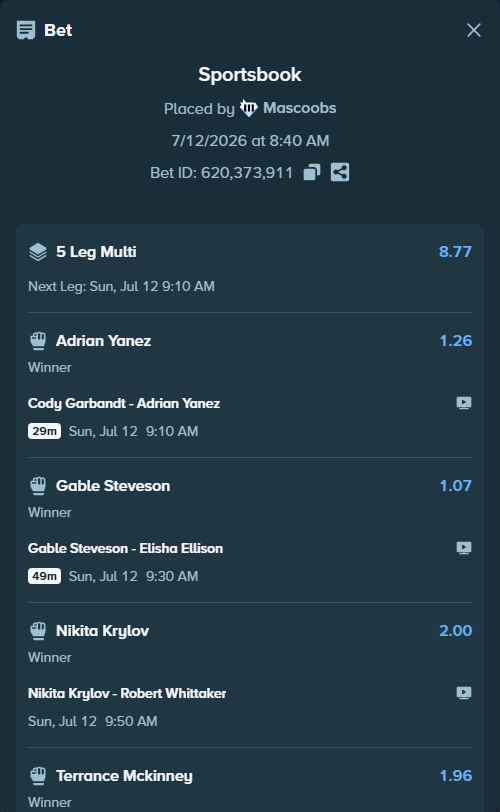 Bet slip: Gable Steveson - Elisha Ellison, $10,010.00 stake at 1.07 odds, placed by Mascoobs
