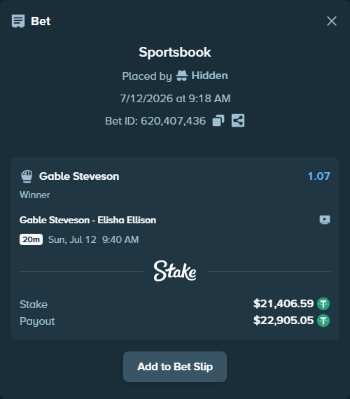 Bet slip: Gable Steveson - Elisha Ellison, $21,428.00 stake at 1.07 odds, placed by Hidden