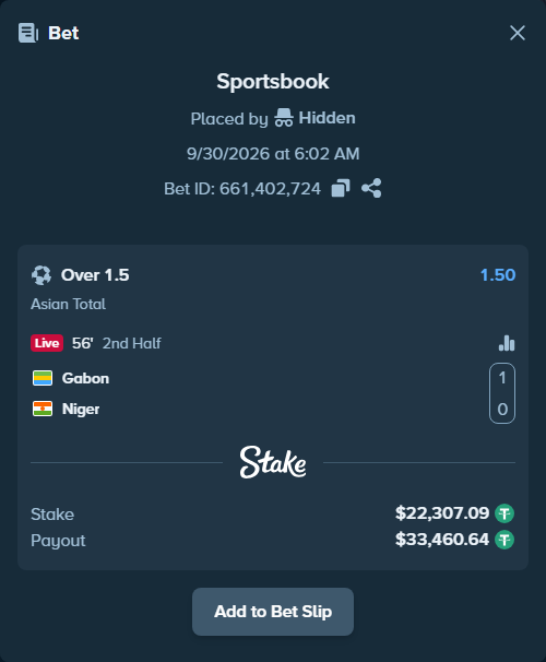 Bet slip: Gabon - Niger, $22,307.09 stake at 1.50 odds, placed by Hidden