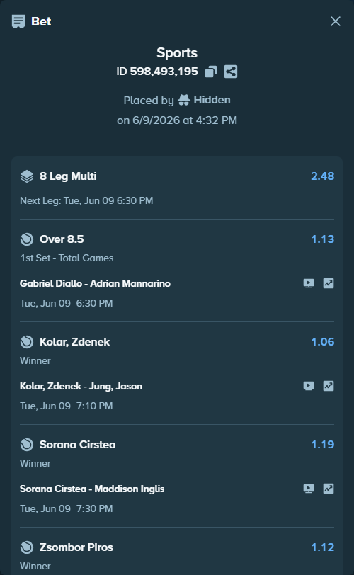 Bet slip: Gabriel Diallo - Adrian Mannarino, $40,185.20 stake at 1.13 odds, placed by Hidden