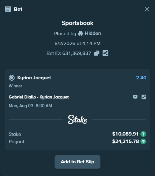 Bet slip: Gabriel Diallo - Kyrian Jacquet, $10,100.00 stake at 2.40 odds, placed by Hidden