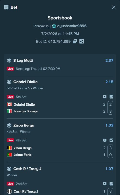 Bet slip: Gabriel Diallo - Lorenzo Sonego, $13,000.00 stake at 2.15 odds, placed by ayushstake9896