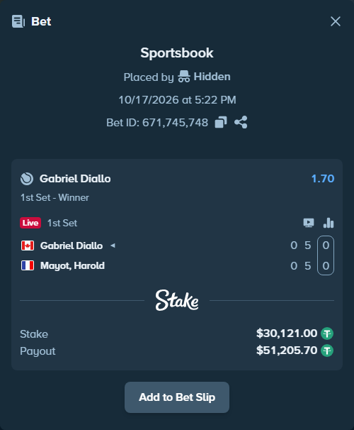 Bet slip: Gabriel Diallo - Mayot, Harold, $30,151.12 stake at 1.70 odds, placed by Hidden