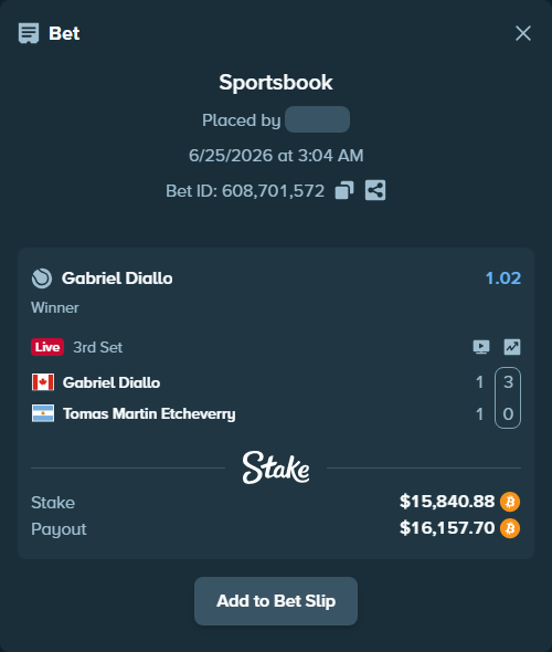 Bet slip: Gabriel Diallo - Tomas Martin Etcheverry, $15,595.06 stake at 1.02 odds, placed by Richboyquan