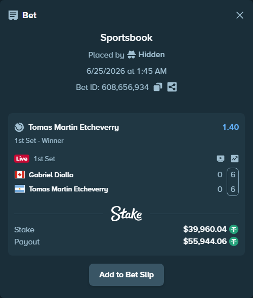 Bet slip: Gabriel Diallo - Tomas Martin Etcheverry, $40,000.00 stake at 1.40 odds, placed by Hidden