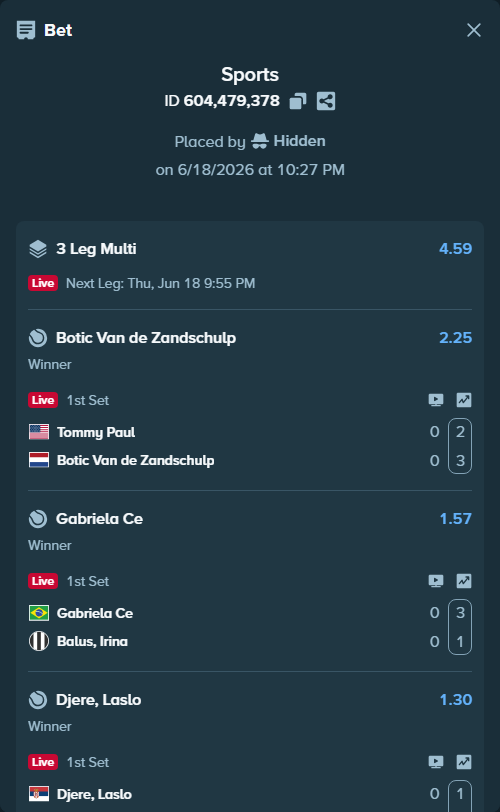 Bet slip: Gabriela Ce - Balus, Irina, $35,000.00 stake at 1.57 odds, placed by Hidden