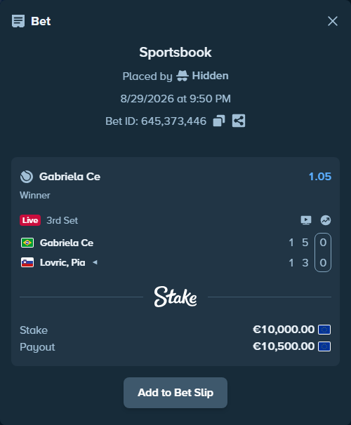 Bet slip: Gabriela Ce - Lovric, Pia, $10,800.00 stake at 1.05 odds, placed by Hidden