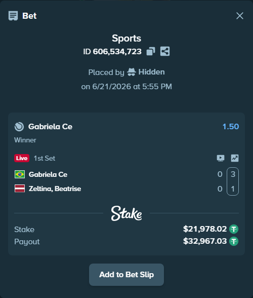 Bet slip: Gabriela Ce - Zeltina, Beatrise, $22,000.00 stake at 1.50 odds, placed by Hidden