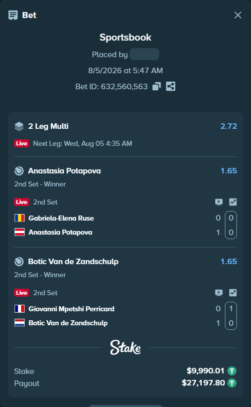 Bet slip: Gabriela-Elena Ruse - Anastasia Potapova, $10,000.00 stake at 1.65 odds, placed by WinTr10