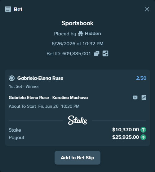Bet slip: Gabriela-Elena Ruse - Karolina Muchova, $10,380.37 stake at 2.50 odds, placed by Hidden