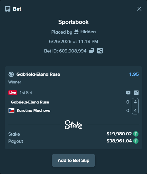 Bet slip: Gabriela-Elena Ruse - Karolina Muchova, $20,000.00 stake at 1.95 odds, placed by Hidden