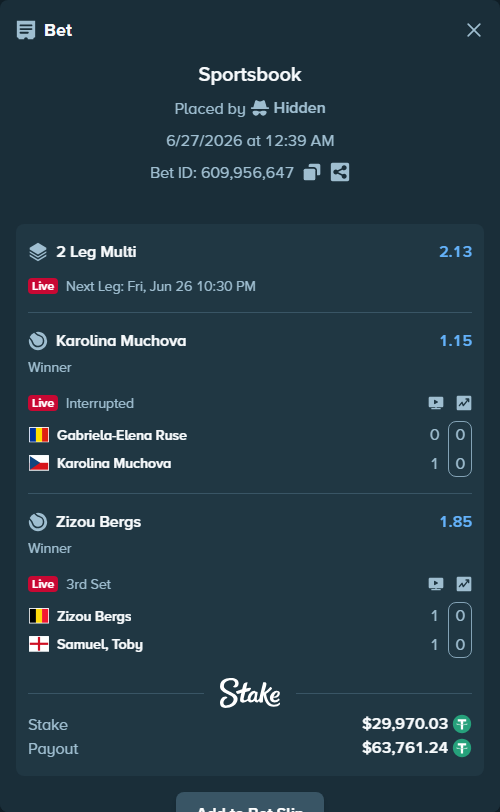 Bet slip: Gabriela-Elena Ruse - Karolina Muchova, $30,000.00 stake at 1.15 odds, placed by Hidden