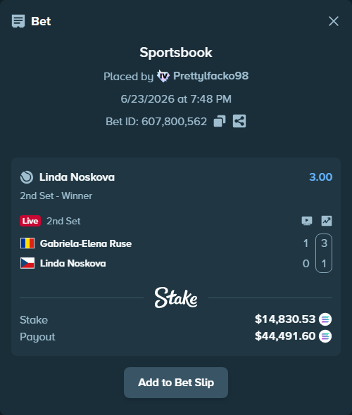 Bet slip: Gabriela-Elena Ruse - Linda Noskova, $15,637.93 stake at 3.00 odds, placed by Prettylfacko98